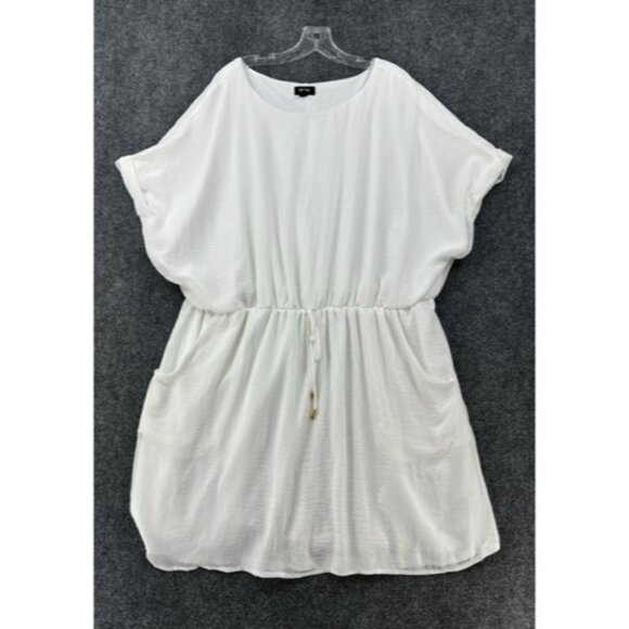 Tacera Beach Boho Women’s Plus 3X White Lined Short Sleeve Elastic Waist Dress - Picture 1 of 14
